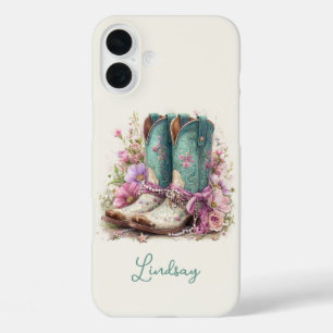 Elegante Teal-Stiefel mit Blumen monogrammiert iPhone 16 Plus Hülle