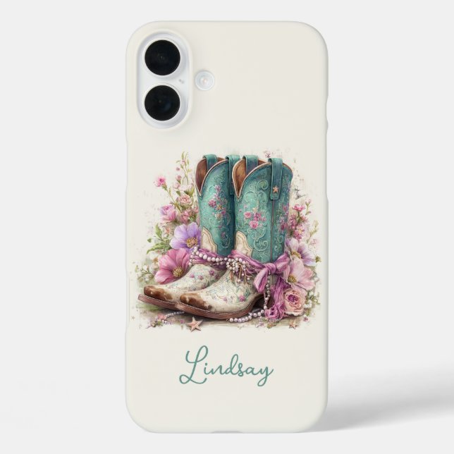 Elegante Teal-Stiefel mit Blumen monogrammiert Case-Mate iPhone Hülle (Rückseite)