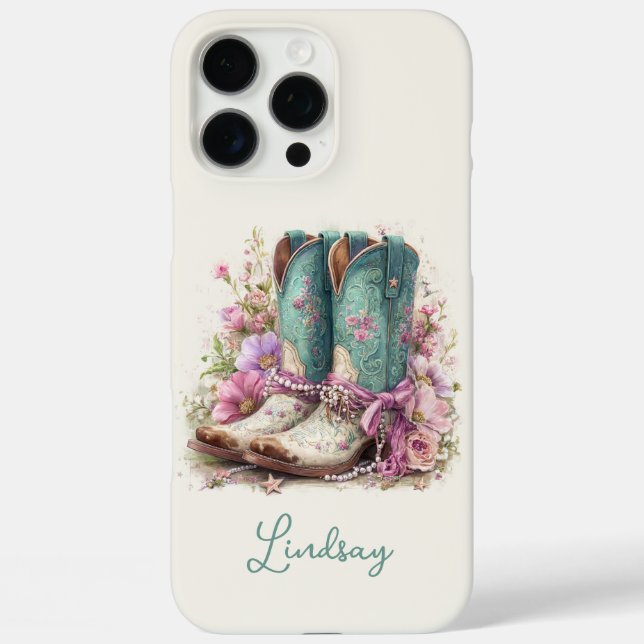 Elegante Teal-Stiefel mit Blumen monogrammiert Case-Mate iPhone Hülle (Rückseite)