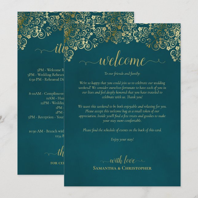 Elegante Teal- und Gold-Hochzeitsbegrüßung & Zeitp Programm (Vorne/Hinten)