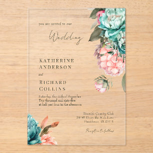 Elegante Teal- und Korallen-Pfingstrosen-Hochzeit Acryleinladungen