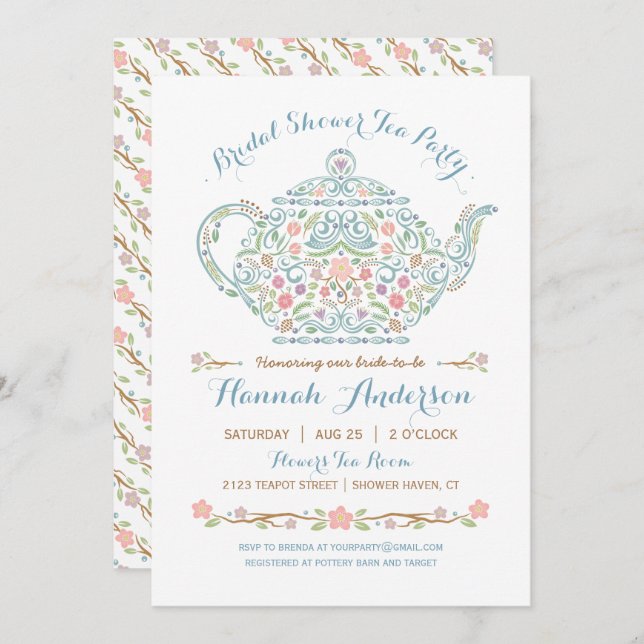 Elegante Teekanne-Brautparty-Einladung Einladung (Vorne/Hinten)
