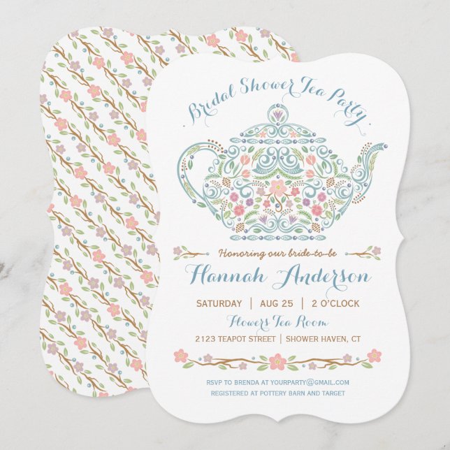 Elegante Teekanne-Brautparty-Einladung Einladung (Vorne/Hinten)