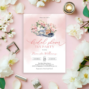 Elegante Teeparty mit zarten rosa Rosen zum Brautj Einladung