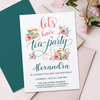 Elegante Teeparty-Rotgrüne Teetasse Florale Schrif Einladung
