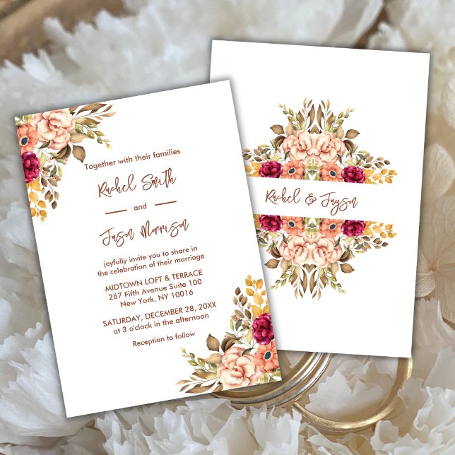 Elegante Terracotta auf dem Monte Tamaro Einladung (Lovely Rustic Floral Terracotta Color Themed Wedding Invitation in White Background)