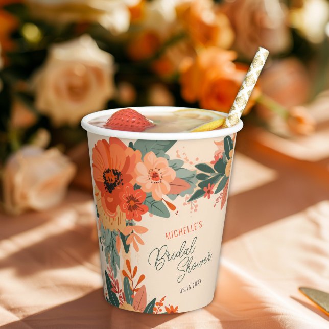 Elegante Terracotta Brautparty Pappbecher (A floral paper cup with a drink, a straw, and fruit slices, labeled "MICHELLE'S Bridal Shower.)