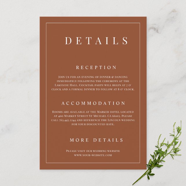 Elegante Terracotta Einfache formelle Hochzeitsdet Begleitkarte (Von Creator hochgeladen)