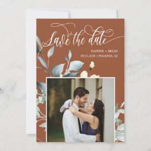 Elegante Terracotta Fall Green Blätter QR Code Fot Save The Date