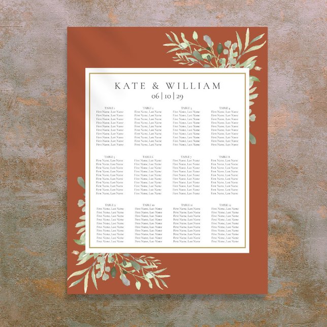 Elegante Terracotta Grüne Hochzeitsskizze Poster (Elegant Terracotta Greenery Wedding Seating Chart)