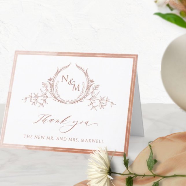 Elegante Terracotta Monogram, Wasserfarbenprägung Dankeskarte (Von Creator hochgeladen)