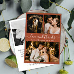 Elegante Terracotta Script 3 Foto Collage Wedding Dankeskarte<br><div class="desc">Modernes, Elfenbeinschiff "Liebe und Dank" Script Wedding 3 Foto Collage Danke Karte. Stilvolle Hochzeit danke Ihnen Karte Vorlage mit (3) drei Foto auf der Vorderseite und (1) ein Foto auf der Rückseite. Mit dem Text "Liebe und Dank" Drehbuch in einer kursiven Wirblen Hand Schrift Typografie Swash-Schwanz Schriftart in weißer Farbe...</div>