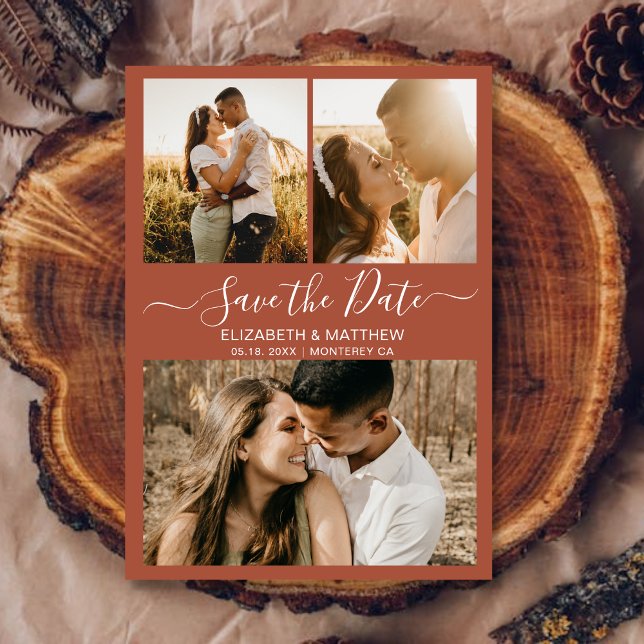 Elegante Terracotta Script Foto Collage Wedding Save The Date (Von Creator hochgeladen)