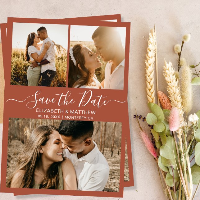 Elegante Terracotta Script Foto Collage Wedding Save The Date (Von Creator hochgeladen)