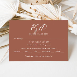 Elegante Terracotta Script Hochzeit im Herbst RSVP Einladung
