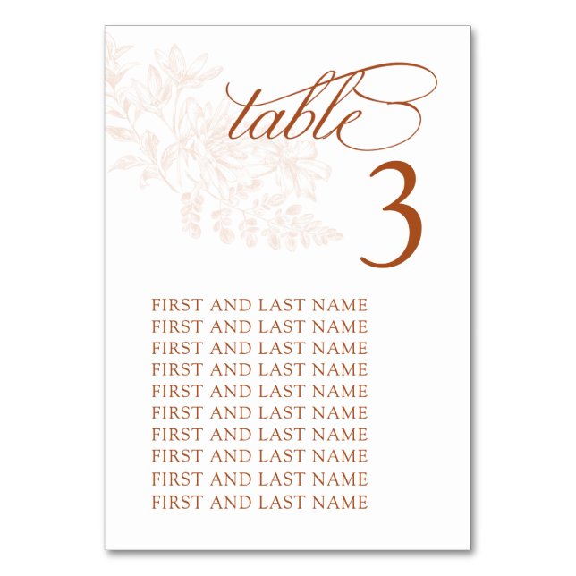 Elegante Terracotta Wedding Tischnummer Card (Vorderseite)