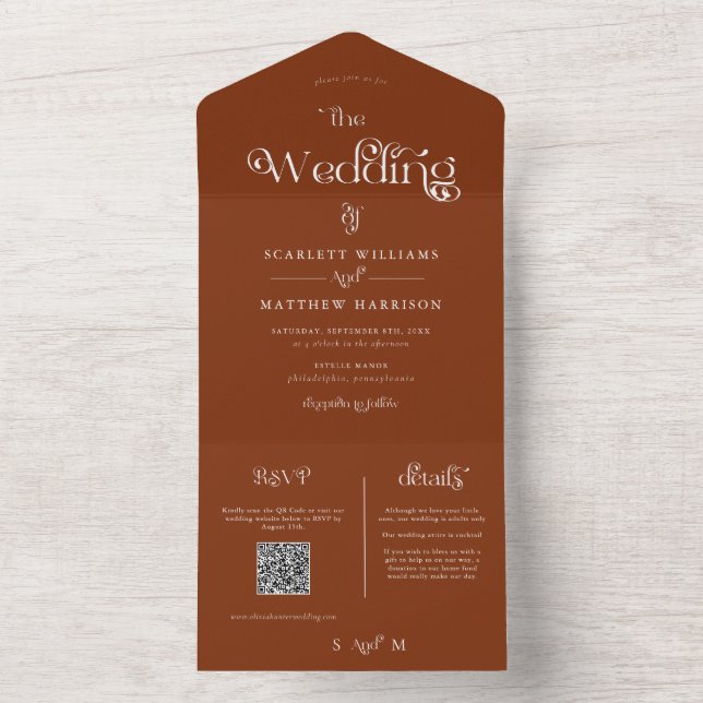 Elegante Terracotta Whimsical Wedding All In One Einladung (Innen Boden)
