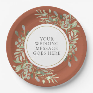 Elegante Terrakotta-Grünzeug-Hochzeitspapierplatte Pappteller