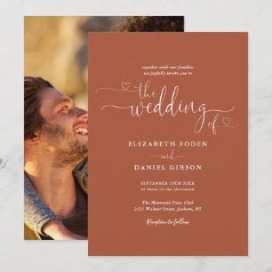 Elegante Terrakotta-Herzen Schrift Foto-Hochzeit Einladung
