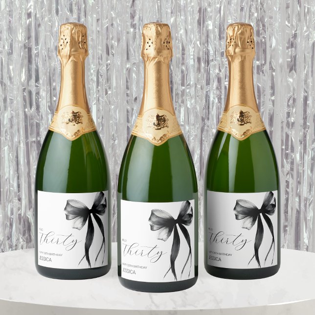 Elegante Thirty-Schrift-Bogen 40. Geburtstagsfeier (Elegant Thirty Script Bow 40th Birthday Party Sparkling Wine Label)