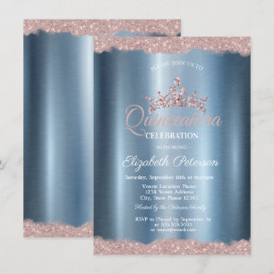 Elegante Tiara Blau Metallic Quinceañera Einladung
