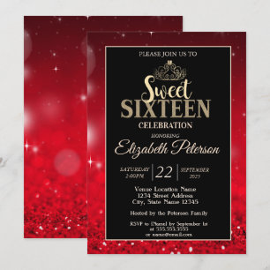 Elegante Tiara, roter Glitter-Bokeh Sweet 16 Einladung