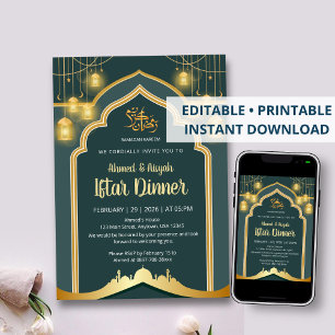 Elegante tiefblaue und goldene Laternen-Ramadan-If Einladung