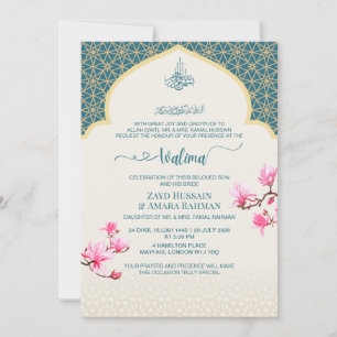 Elegante tiefblaue Walima-Einladung mit Magnolien Einladung