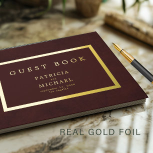 Elegante tiefe Burgundergoldfolientypografie Hochz Gästebuch