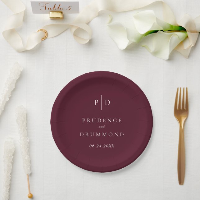 Elegante tiefe Burgunderrote klassische Hochzeit Pappteller (Hochzeit)