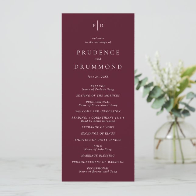 Elegante, tiefe Burgunderrote klassische Hochzeit Programm (Stehend Vorderseite)