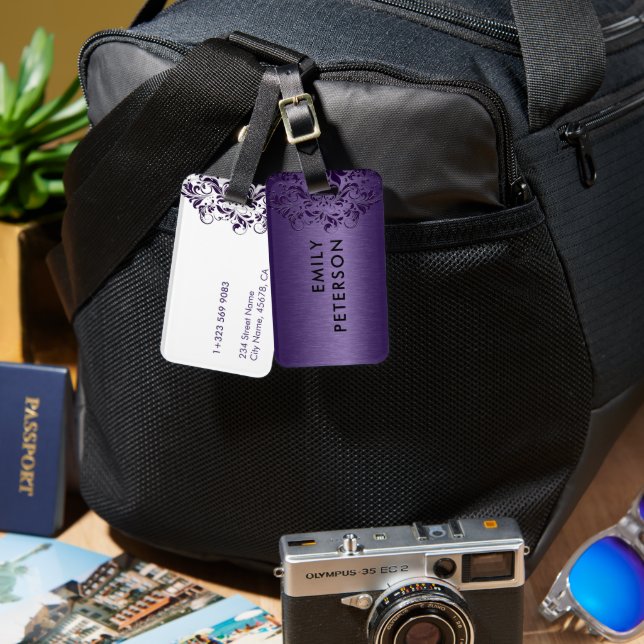 Elegante tiefe Lila Blumenspitze Lila Gepäckanhänger (Vorderseite & Rückseite)