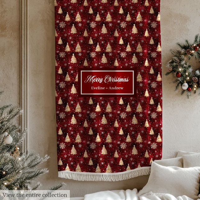 Elegante tiefe rote und goldene Weihnachtsbäume de Fleecedecke (Elegant deep red and gold Christmas trees blanket)