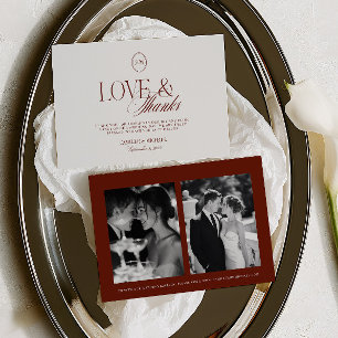 Elegante tiefe Terrakotta-Rot 2-Foto-Hochzeit Dankeskarte