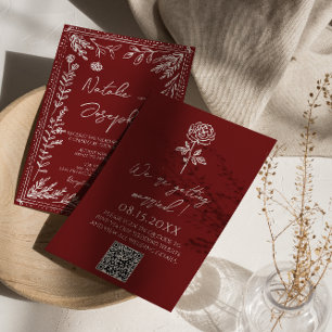 Elegante tiefrote blaue Blumenehe mit modernem QR- Einladung