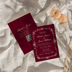 Elegante, tiefrote, florale Hochzeit mit QR-Code i Einladung