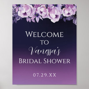 Elegante tiefviolette florale Bridal Shower Begrüß Poster