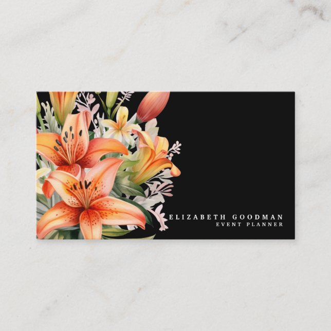 Elegante Tiger Lily Tropical Black Business Cards Visitenkarte (Vorderseite)