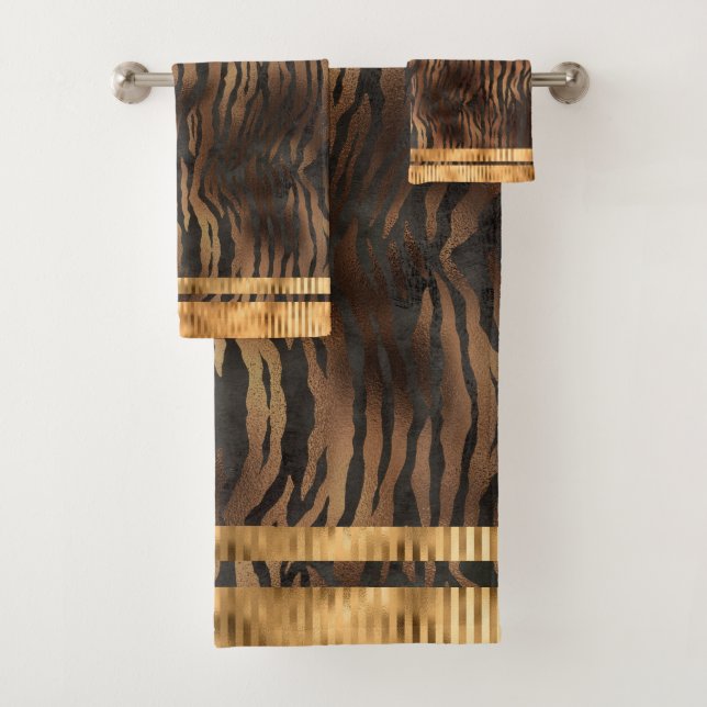 Elegante Tiger Print Gold Metallic Glam Chic Badhandtuch Set (Insitu)