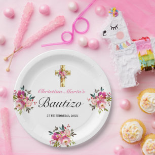 Elegante Tinta Floral Bautizo Pappteller