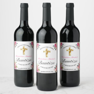 Elegante Tinta Floral Bautizo Weinetikett