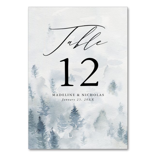 Elegante Tischnummer für Winterwald-Hochzeit (Vorderseite)
