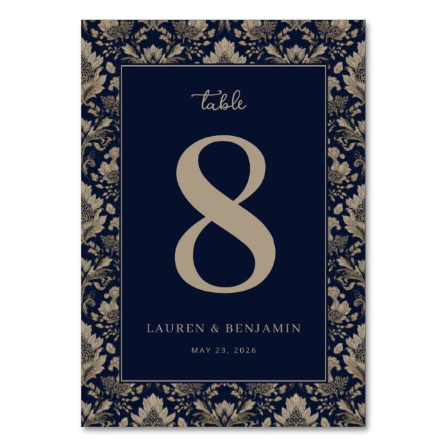 Elegante Tischnummer mit Marineblumenmotiv (Vorderseite)