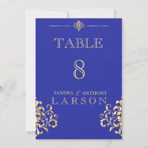Elegante Tischnummern aus Gold und Blue Damask