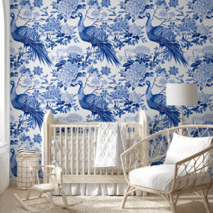 Elegante Toile De Jouy Blau Weiße Pfau Blumenmuste Tapete