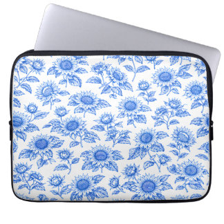 Elegante Toile de Jouy Sonnenblumen – Blau Botanis Laptopschutzhülle