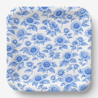 Elegante Toile de Jouy Sonnenblumen – Blau Botanis Pappteller