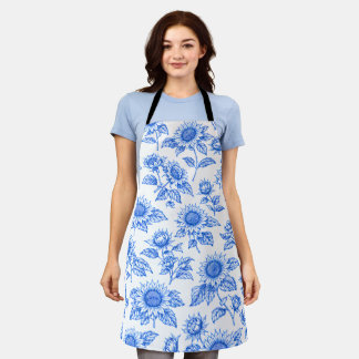 Elegante Toile de Jouy Sonnenblumen – Blau Botanis Schürze