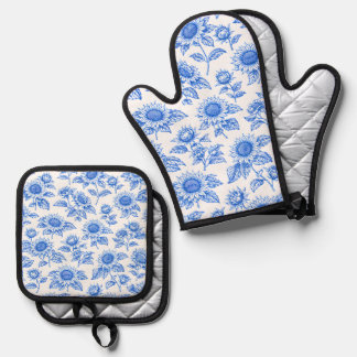 Elegante Toile du Jouy Sonnenblumen – Blau Botanis Ofenhandschuh & Topflappen-Set
