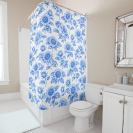 Elegante Toile du Jouy Sonnenblumen – Blaue Botani Duschvorhang